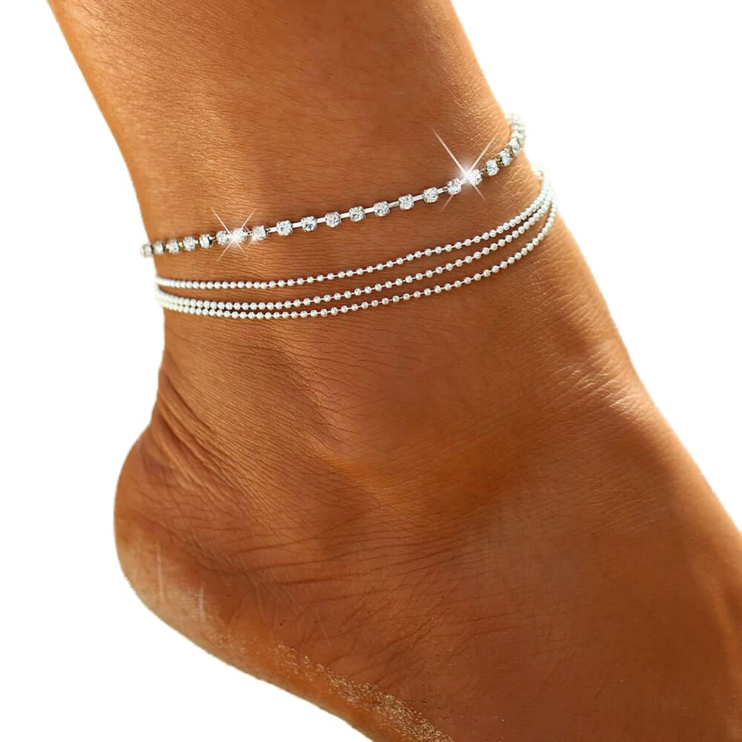 Prosy Beach Layered Rhinestones Anklet Silver Crystal Ankle Bracelets Chain Foot Jewelry Adjustable for Women Girls