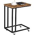VASAGLE End Table, C Shaped TV Tray with Metal Frame Rolling Casters, Industrial Side Table for Living Room Bedroom, 19.7 x 13.8 x 23.6 Inches, Rustic Brown and Black