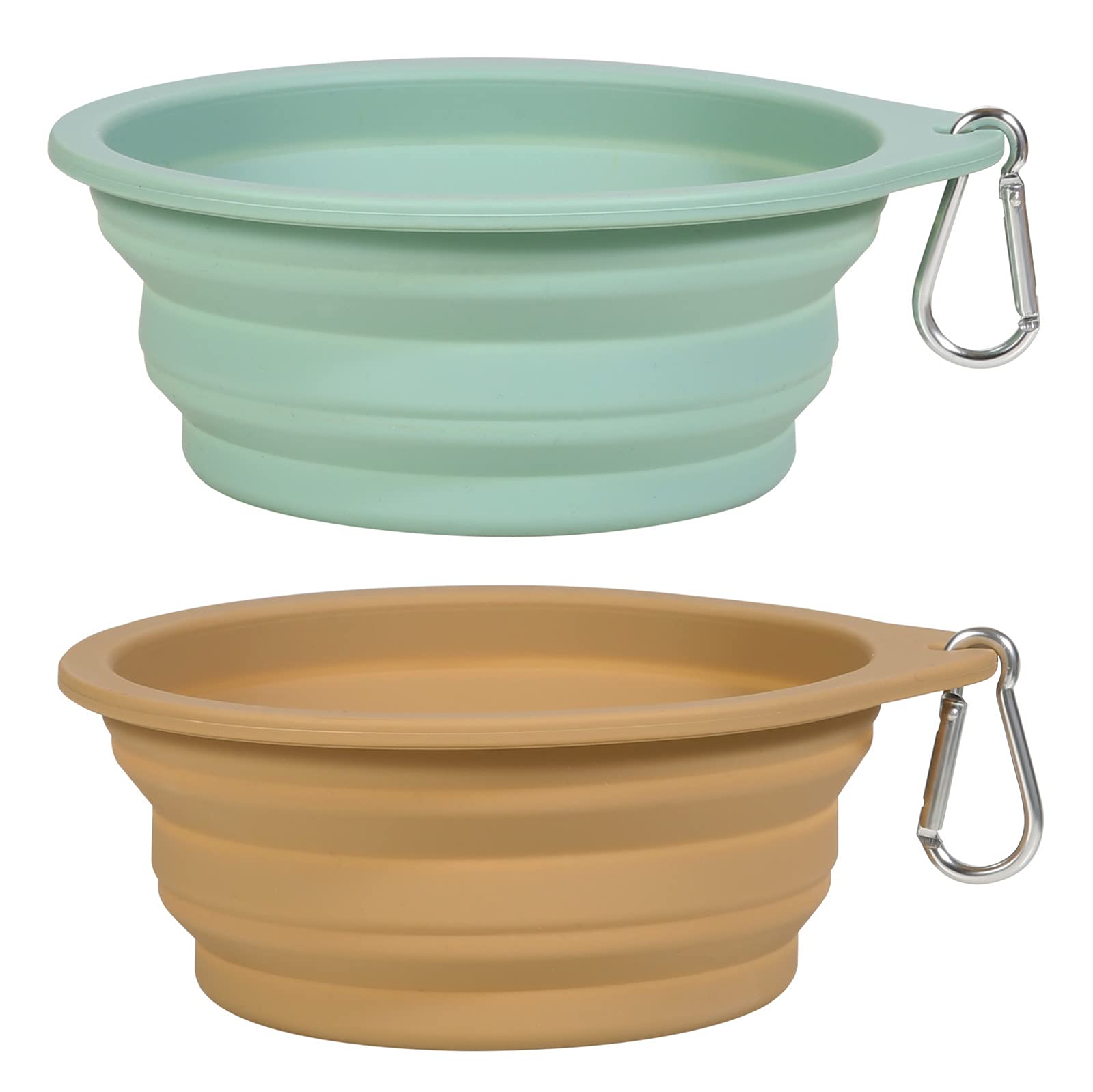 SLSON 2 Pack Dog Collapsible Bowl Large Portable Dog Bowl Pet Feeding Bowl Dog Food Water Bowl Pet Travel Bowl with Carabiner for Pet Indoor and Outdoor Activity (Light Green + Khaki)