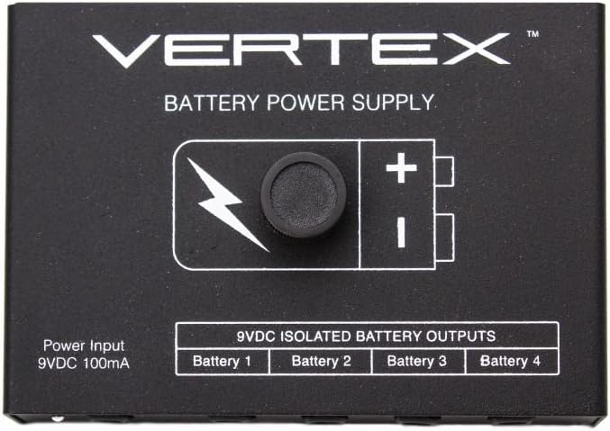 Vertex Effects Battery Power Supply for Guitar Pedals, Four 9V Outputs and One 9V Input, Guitar and Bass Pedal Power Accessory, 5" x 3.5" x 1.25"