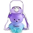 Kawaii Teddy Bear Water Bottle - 32oz Cute Drinking Cup with Straw and Strap, Leak-proof for Girls, Kids (Purple)