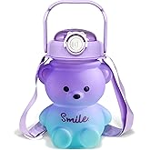 CLWVPCOT Bear Water Bottle, 32oz Cute Kawaii Teddy Bear Water Bottle with Straw & Adjustable Strap, Leak-Proof, Light Weight, BPA-Free, Durable & Safe Plastic Drinking Cup for Kids & Girls (Purple)
