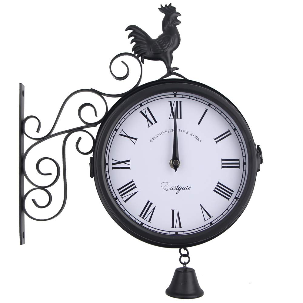 Timelike rought Iron Antique-Look Black Round Wall Hanging Double Sided Two Faces Retro Station Clock Round Chandelier Wall Hanging Clock with Scroll Wall Side Mount Home Décor