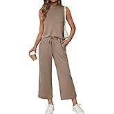 ATHMILE Two Piece Sets for Women Spring Summer Outfits Lounge Travel Mock Neck Drawstring Wide Leg Pants Tops Beach Vacation