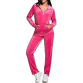 JUNMAO Womens Sweatsuits Set 2 Piece Velour Jogging Sweat Outfits Full Zip-up Hooded Sweatshirts Pants Set