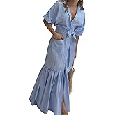 Sexyshine Women's Striped Maxi Dress Lapel V Neck Button Down Tie Waist Short Sleeve Ruffled Swing Shirt Dress with Pockets
