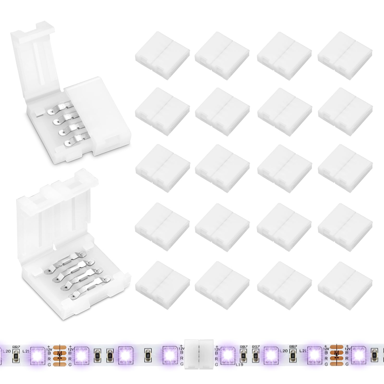 Photo 1 of Pmxary 20Pcs 4 Pin LED Strip Connectors for 10mm Wide RGB LED Strip Lights, Solderless Unwired LED Light Connectors, Easily Extend or Splice SMD 5050 Multicolor Strips