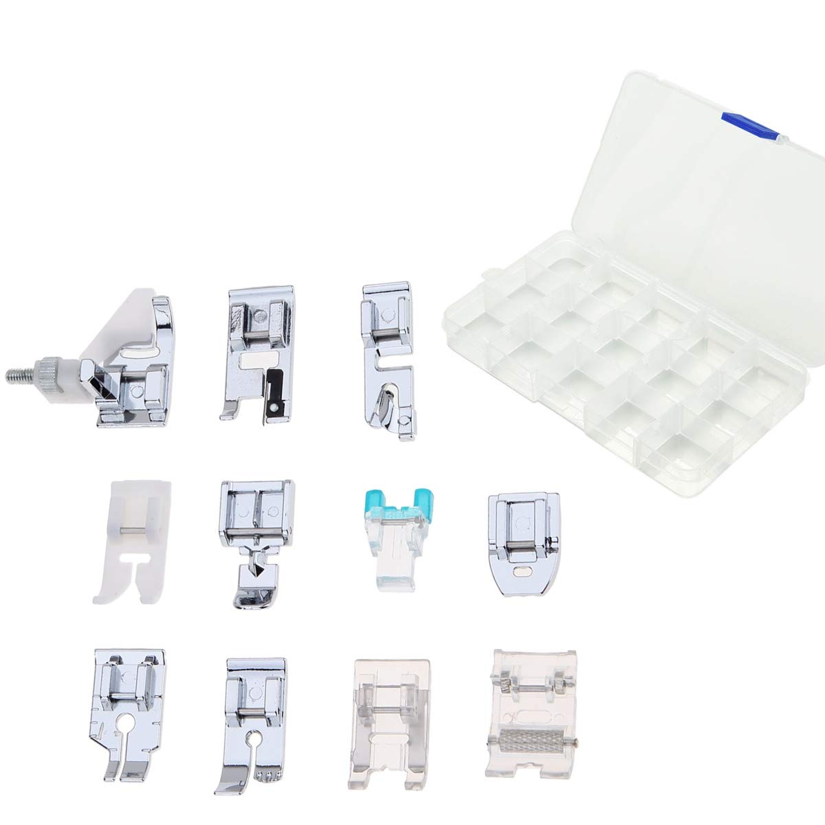 JZK 11 pieces Sewing machine domestic accessories set with storage box, presser foot replacement part kit for sewing machine Singer Brother Janome Toyota Elna AEG