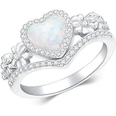 Shroova 925 Sterling Silver Daisy Heart-Shaped Opal Ring with Cubic Zirconia,Flower Stacking Statement Wedding Band Ring for Women Jewelry Gifts for Her(Size 5-10)