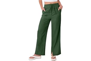 Linen Pants for Women Fashion Wide Leg Loose Cotton Pants Lightweight Summer Beach Vacation Trousers with Pockets