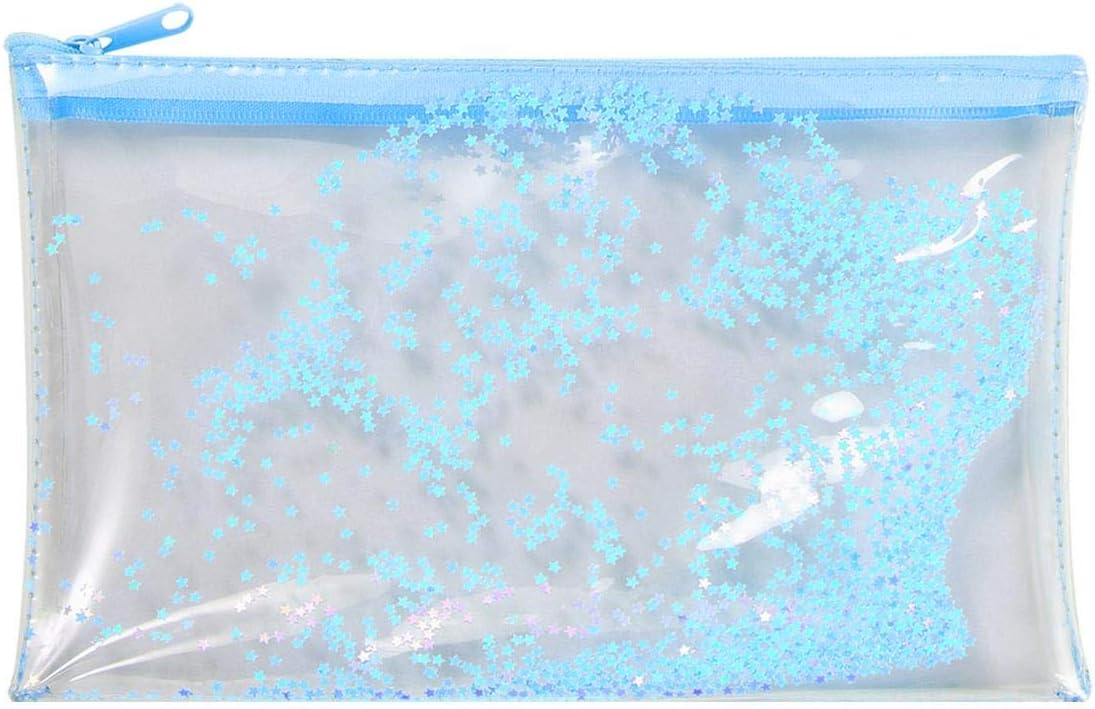WODISON Zipper Clear Star Cosmetic Case Pouch Pencil Pen Bag Holder Blue