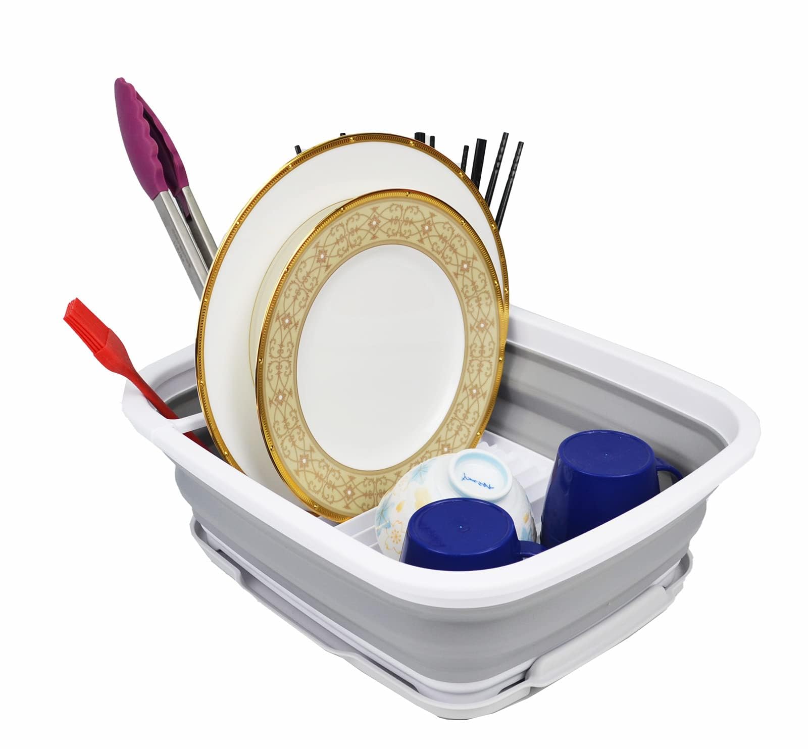 SAMMART 8L Collapsible Dish Drainer with Drainer Board - Foldable Drying Rack Set - Portable Dinnerware Organizer - Space Saving Kitchen Storage Tray (White/Grey, 1)