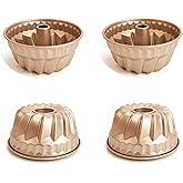 MGGi 4 Pack Fluted Cake Pan, 4 inch Mini Cake Pan Set, Carbon Steel Reusable Nonstick Small Baking Cup Mold Round Bakeware for Kugelhopf, Cake, Brownie, Jello, Bavarois - Gold