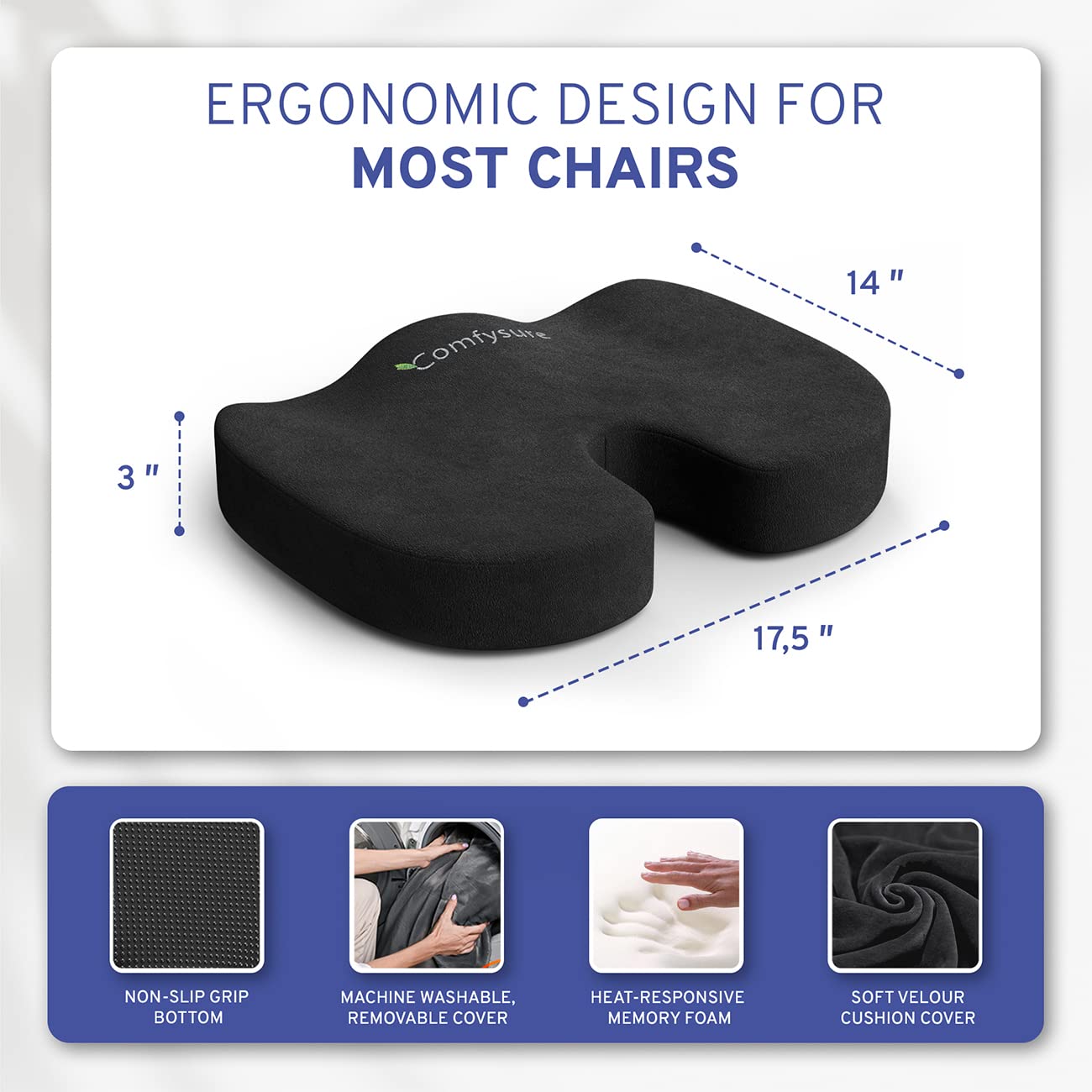 Memory Foam Seat Cushion - Tailbone Pain Relief Cushion, Non-Slip Sciatica Pain Relief Pillow - for Office Chair, Car, Wheelchair, Computer, Desk Chair - Coccyx, Lower Back Support (Black)