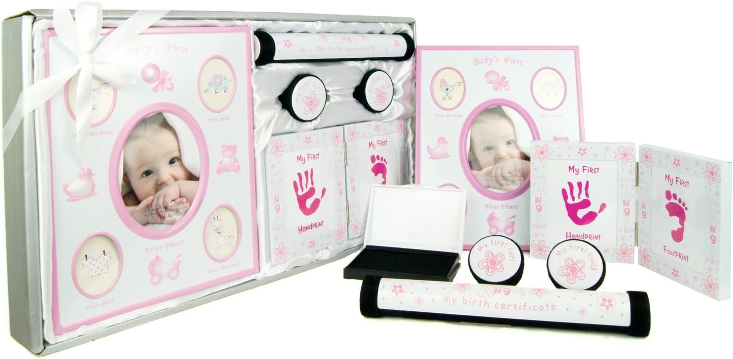 New 5 Piece Baby Keepsake Gift Set Suitable for Unisex, Boy, Girl, First Photo Frame, Curl and Tooth Box, Handprint Footprint Prints Kit. Available in Pink, Blue and Silver. (Pink/White)