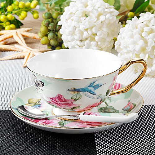 Panbado 3 Piece Bone China Tea Cup Saucer Set With Spoon, Porcelain Gold Rimmed Teacup Coffee, Flower And Birds, 200 mL/6.8 oz., Green - Thumbnail 6