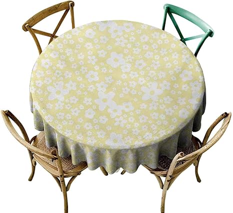Amazon Starsart 防水テーブルクロス 花柄 グラフィック デイジーブロッサム イエローの背景にデザイン 春の花 アートワーク イエローとホワイト ラウンドテーブルクロス Diameter65 Inch テーブルクロス オンライン通販