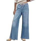 Cicy Bell Womens Wide Leg Flare Jeans Casual Drawstring High Waist Vintage Denim Pants with Pockets