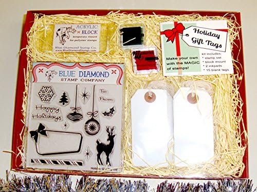 Holiday Gift Tag Stamp Set Kit, clear polymer cling, includes storage case, block mount, ink, and guidebook