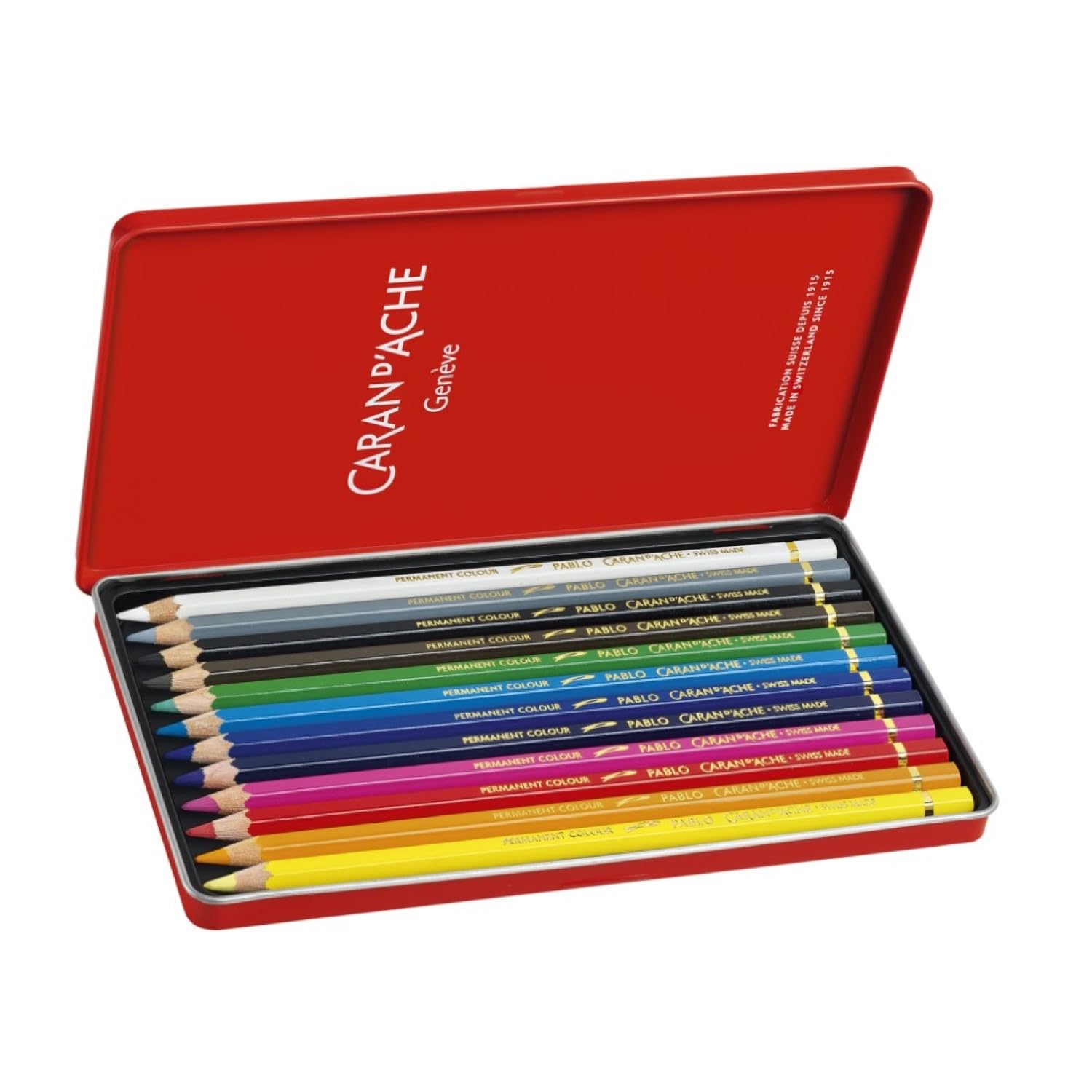 Caran D'Ache Pablo artists quality colouring pencils tin set of 12 assorted water resistant colours