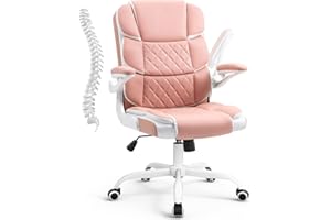 SEATZONE Ergonomic Office Chair Pink PU Leather Desk Chairs Computer Chair with Wheels and Flip-up Arms,Rolling Swivel Task Chair for Women,Girls