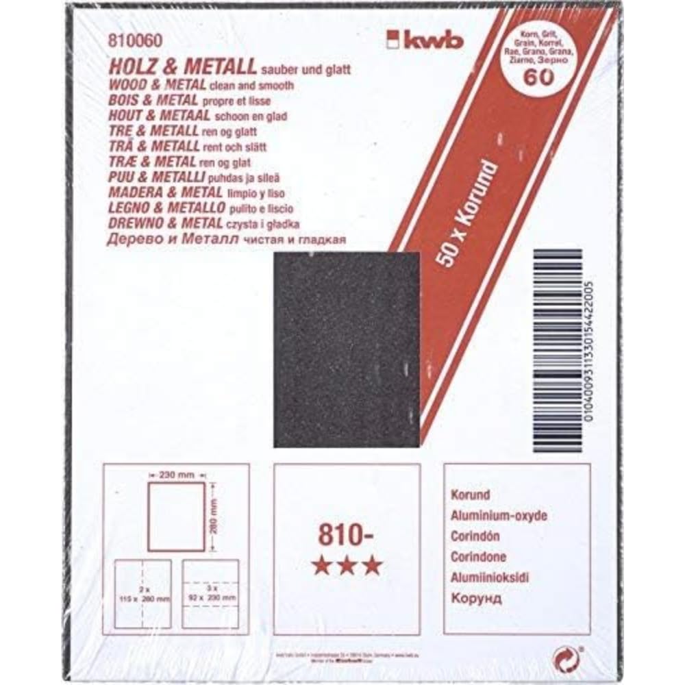 kwb Sandpaper Sheet 230X280 Mm Made Of Corundum With Grit 60, Good Gluing and Robust Paper Backing for Rough Sanding Of Wood and Metal