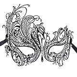 Coxeer Venetian Masquerade Mask Women's Swan Metal Filigree Laser Cut Mask (Black)