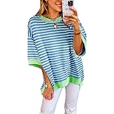XINWEIZZ Oversized T Shirts for Women Casual Short Sleeve Striped Knit Shirt Crewneck Sweatshirts High Low Loose Blouse Tops