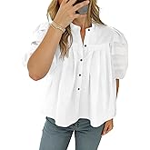 Tankaneo Womens Puff Short Sleeve Button Down Shirts Cotton Pleated Babydoll Blouses Trendy Casual Loose Fit Tops