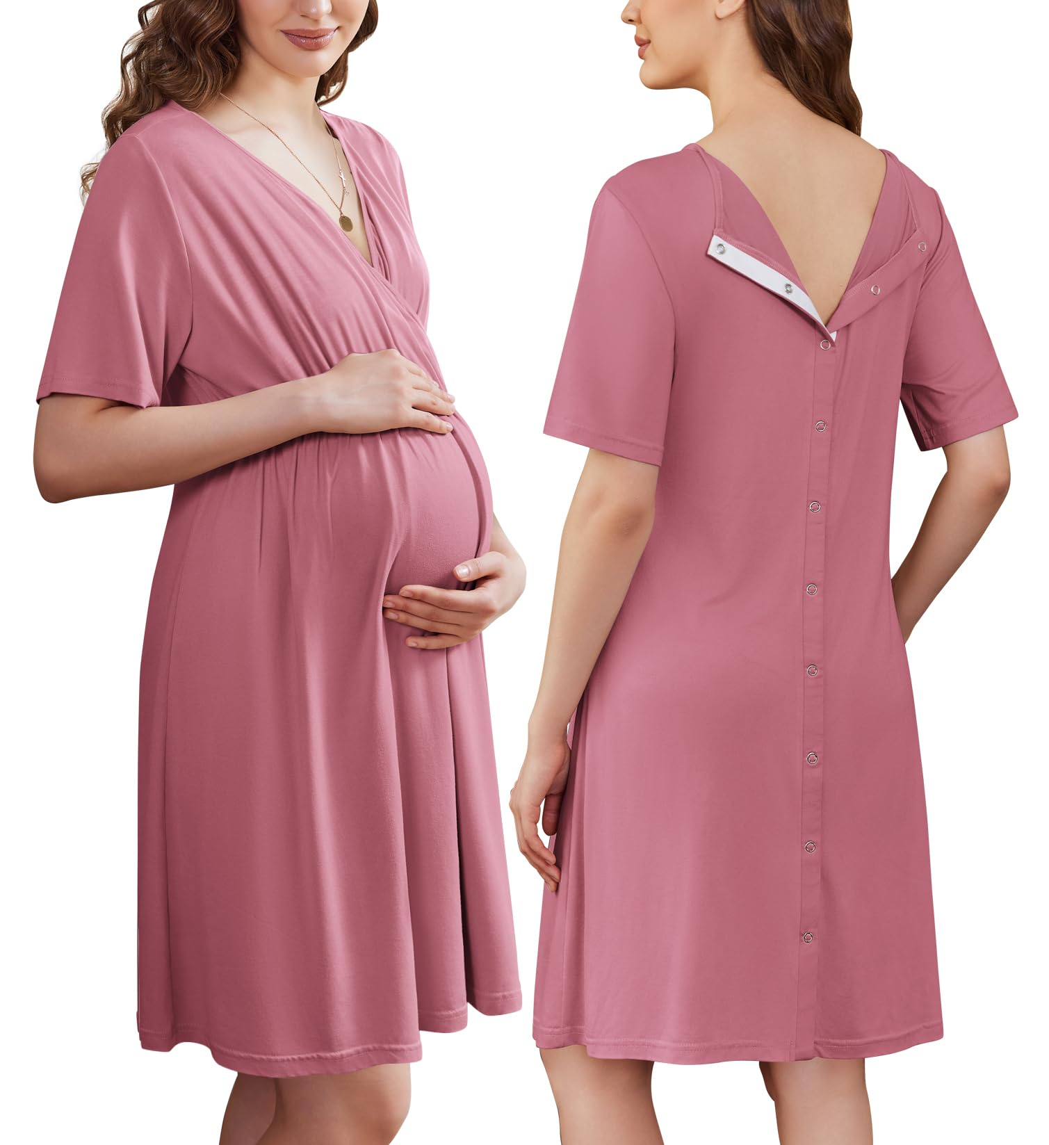 Photo 1 of Ekouaer Labor and Delivery Gown for Hospital Short Sleeve Maternity Nursing Nightgown with Button Pregnancy Clothes Grey Purple XXL