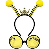 2 Pieces Bee Headband and Glasses Set, Includes Yellow Antenna Crown Headband and Round Honeycomb Sunglasses for Kids and Adults Halloween Costume, Bee-Themed Birthday Party, and Dress-Up Accessories