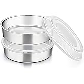 P&P CHEF 8-inch Round Baking Cake Pan with Lid, Stainless Steel Cake Pan and Plastic Cover Set, For Wedding Birthday Picnic, Reusable & Durable, Dishwasher Safe (2 Pans + 2 Lids)