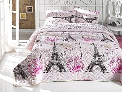 With Love From Paris Bedding Single Twin Size Bedspread Coverlet Set Eiffel Tower Themed Girls Bedding Pink 2 Pcs