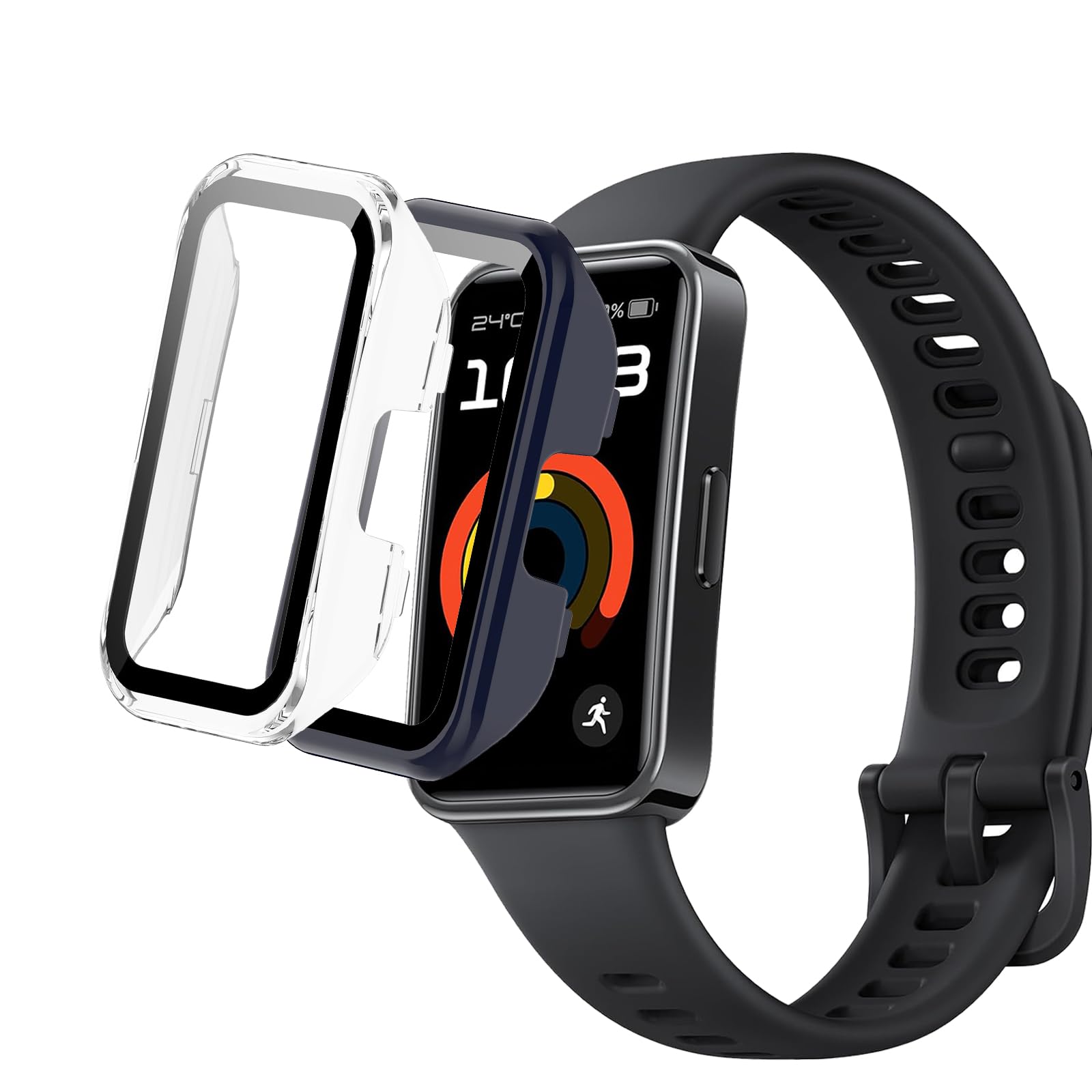 KUSINHOKA [2Pack] Case for HUAWEI Band 10/Band 9/Band 8 Tempered Glass Screen Protector，PC Hard Case Tempered Glass Screen Protection Cover Slim Full Cover Scratch Proof Protector，Blue+Transparent