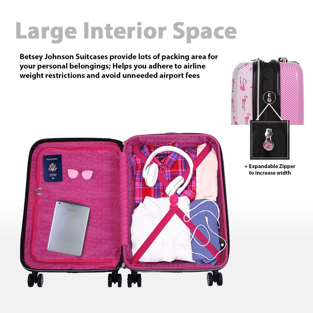 Betsey Johnson Designer 20 Inch Carry On - Expandable (ABS + PC) Hardside Luggage - Lightweight Durable Suitcase With 8-Rolling Spinner Wheels for Women (20in, Flamingo Strut)