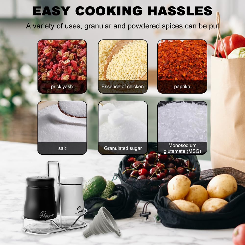 Fyfjur Salz und Pfefferstreuer Set, Salzstreuer mit Halter und Silikontrichter, Edelstahl und Glas Salz Pfefferstreuer für Gewürze 6