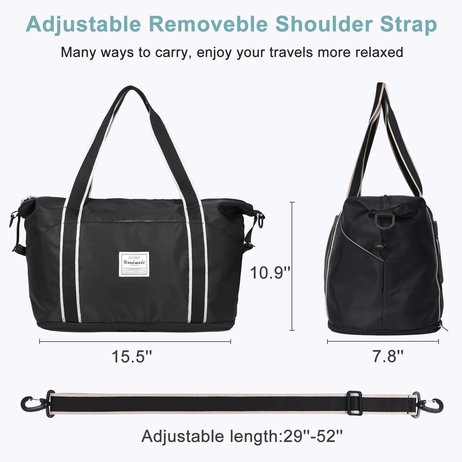 DMLuna Travel Duffel Bag, Tote Sports Gym Bag, Shoulder Overnight Weekender Bag for Women & Men, Hospital bag, Expandable Duffel Bag with Trolley Sleeve/Wet Pocket