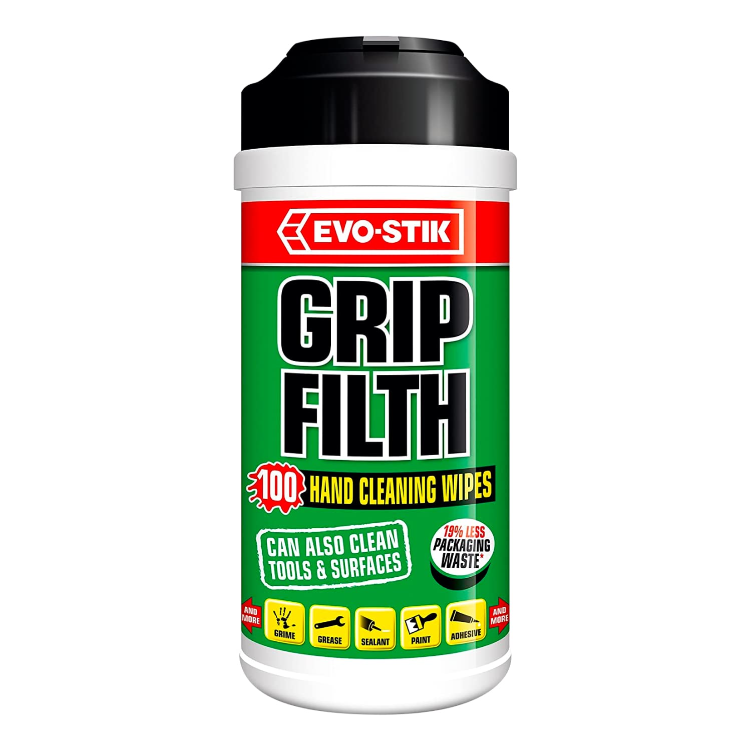 EVO-STIK Grip Filth Hand Cleaning Wipes, Remove Grime, Grease, Sealant from Hands, Tools and Surfaces, Kind to Hands, Compact Tub, 100 Wipes