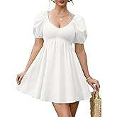 ZTMZA Women's Summer Casual Puff Sleeve Babydoll Dress V Neck Empire Waist Boho Swing Sundresses Beach Mini Dresses
