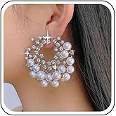 Aneneiceera Boho Multi Cz Flower Pearl Stud Earrings Silver Cluster Crystal Pearl Hoop Earring Cz Pearls Cluster Earring Round White Bead Earrings Bridal Pearls Earrings Jewelry for Women