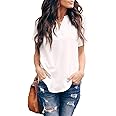 Allimy Women Summer Casual Split V Neckline Chiffon Blouses Loose Tunic Short Sleeve Tops