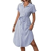 chouyatou Women's Summer Striped Button Down Shirt Dress Casual Loose Belted Midi Long Beach Dress
