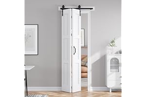 FREDBECK 24X84(Double 12x84) White Bifold Door Sliding Folding Barn Doors Double with 28" Hardware Kit & Handle,Solid MDF Door with Water-Proof PVC Surface for Closet,Assembly Required