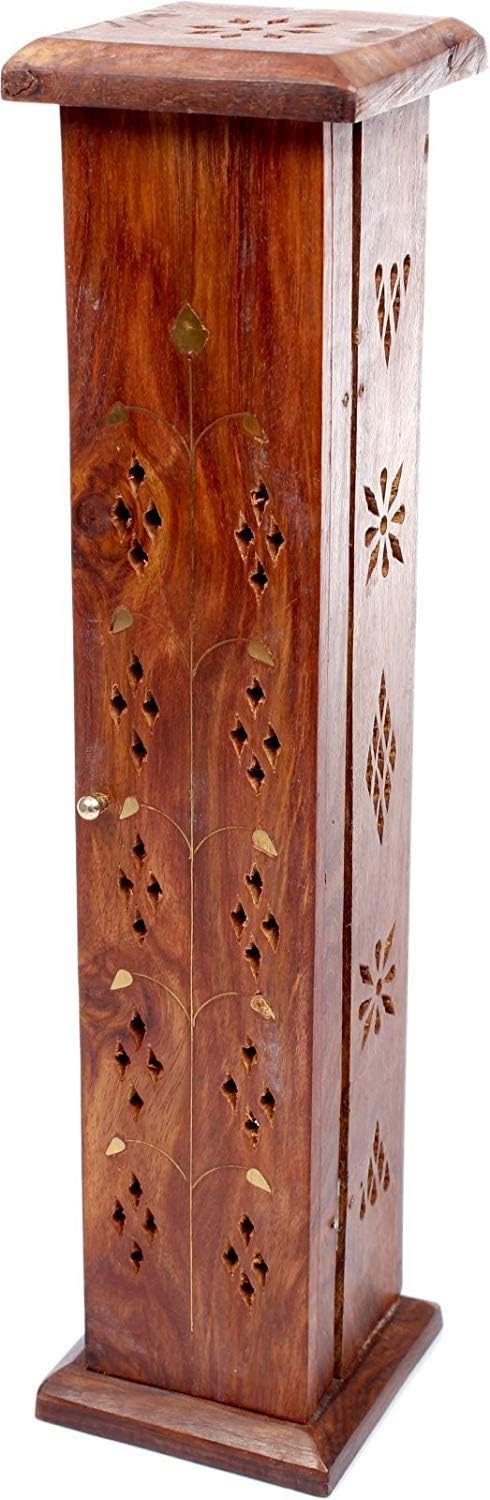 Luxflair Beautiful handmade from sheesham-wood tower for incense sticks and cones, with brass ornaments, storage box, smoker box, coffin box