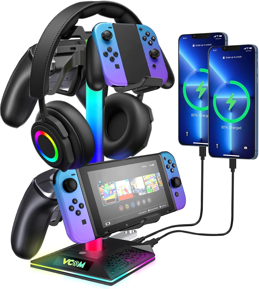 VCOM RGB Headphone Stand Holder with 2 USB 1 Type-C Ports Gaming Desk