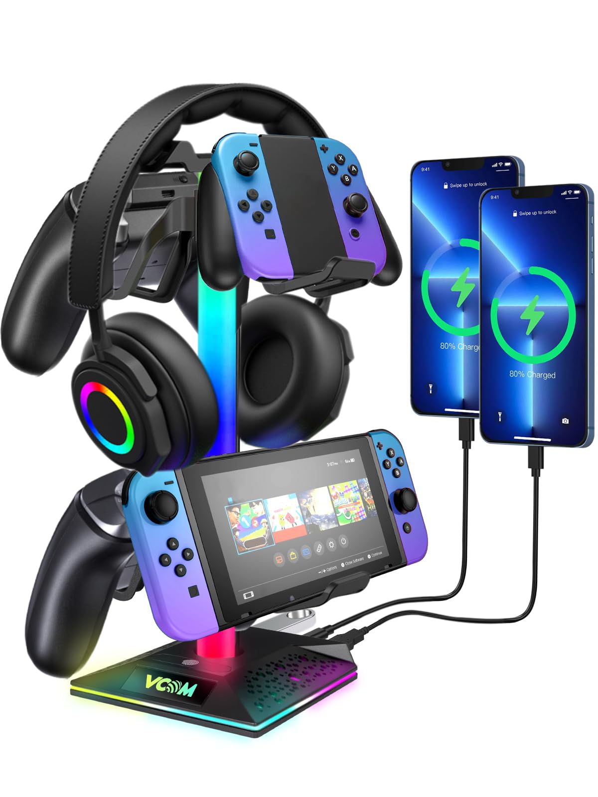 VCOM RGB Headphone Stand, Headphone holder with 2 USB and 1 Type-C Ports-Gaming Headset Stand with 10 Light Modes for Gamer Xbox PS5 Gameing Desk Accessories Gift (Black)