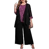 ZOMVA Plus Size 3 Piece Formal Pantsuit Sparkly Chiffon Jacket Set Dressy Outfit Mother of The Bride Groom Wedding Cocktail