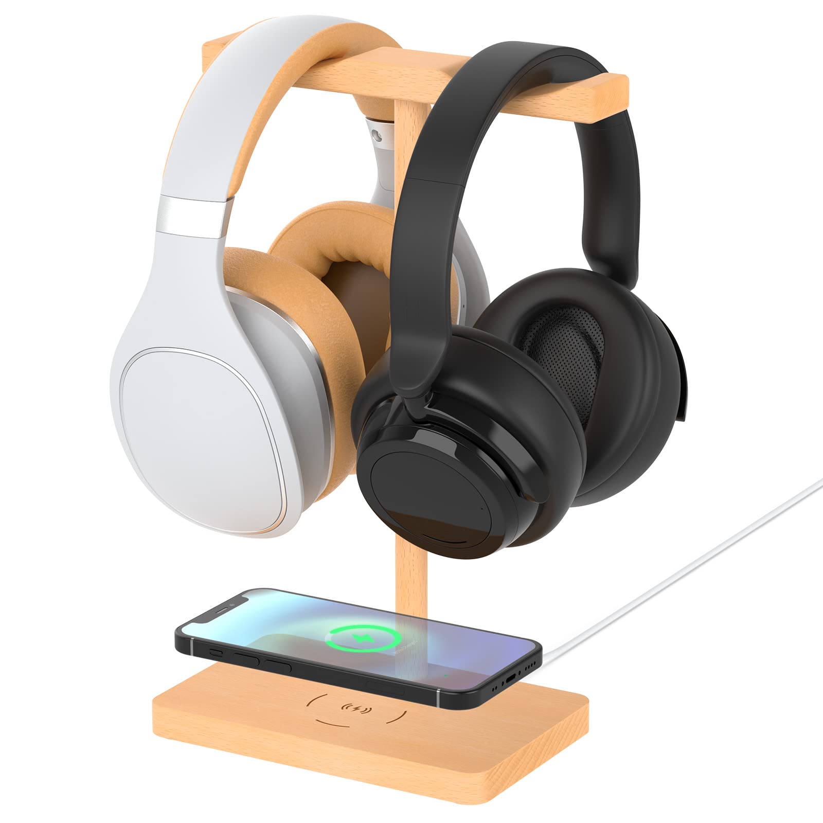 Photo 1 of Headphone Stand Wood for Desk with Wireless Charger - ForTidy Gaming Headset Stand Holds Dual Universal VR Headset and Smart Watch,Support 15W Fast Charging, Type-C Cord Included, Beech