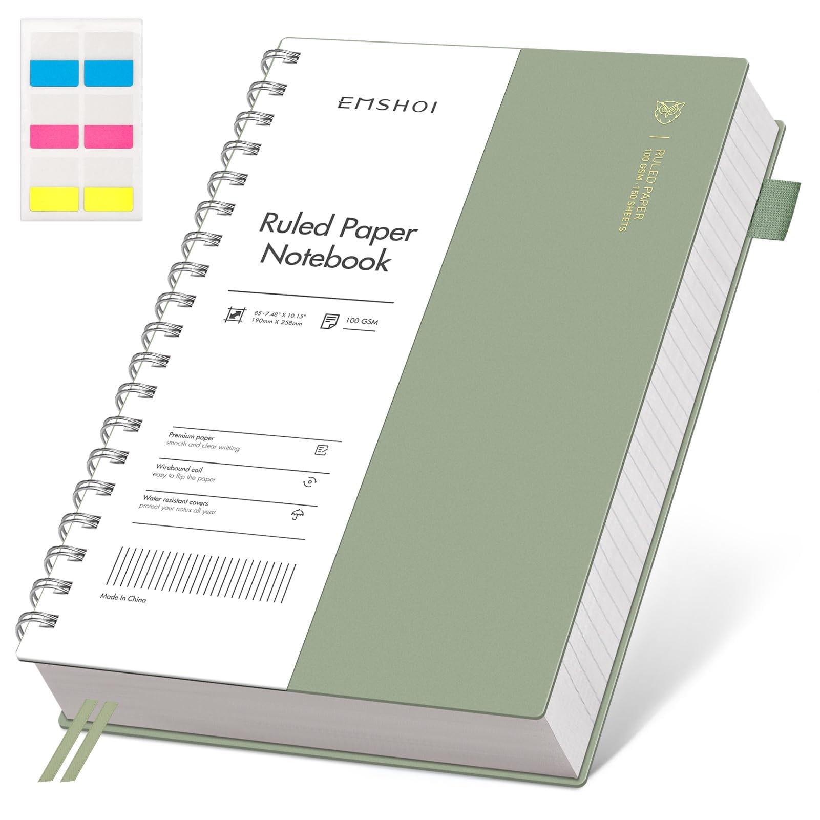 EMSHOI B5 Notebook College Ruled, Spiral Notepad 150 Sheets/300 Pages, 100gsm, PVC Cover, Sticky Notes, Pocket, Pen Loop, Ruler, Bookmark, Lined Journal for Writing, 19 x 25.8cm, Sage Green