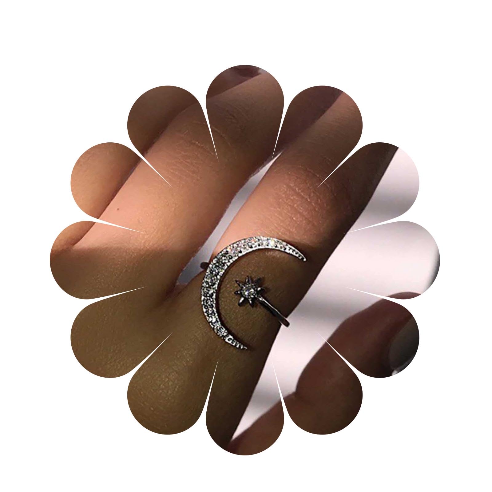 Cimenexe Bohemian Half Moon Rings Vintage Paved Moon Finger Ring Cz Star Finger Rings Silver Crystal Knuckle Ring Adjustable Half Open Ring Hand Jewelry for Women and Girls Gifts(Silver)